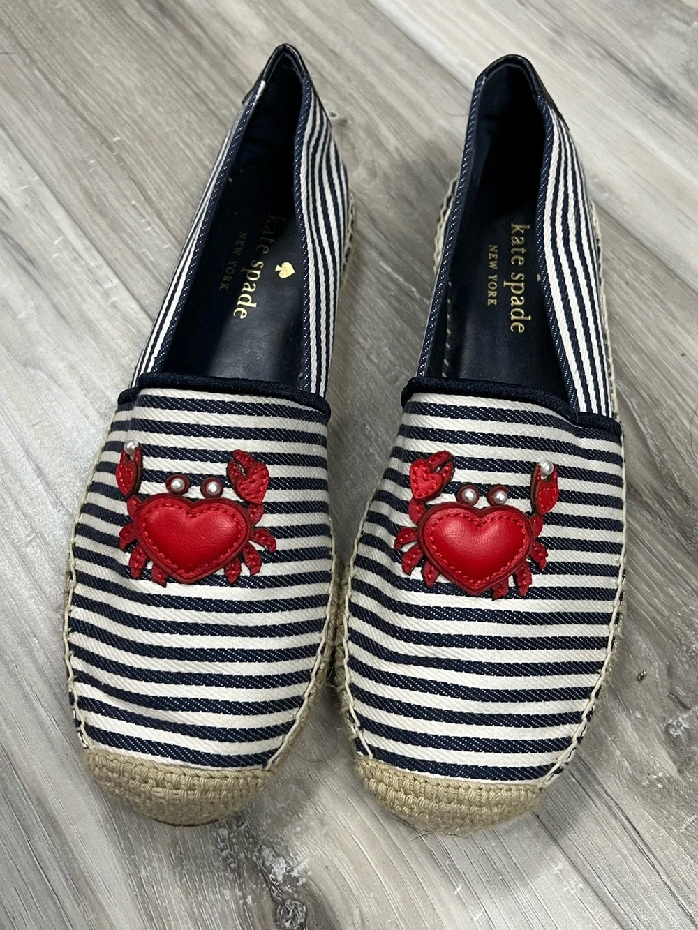 kate spade Navy and White Stripe Espadrilles with Red Crab Accent